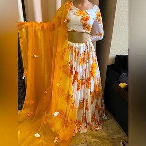 Yellow white lehenga choli chunni
